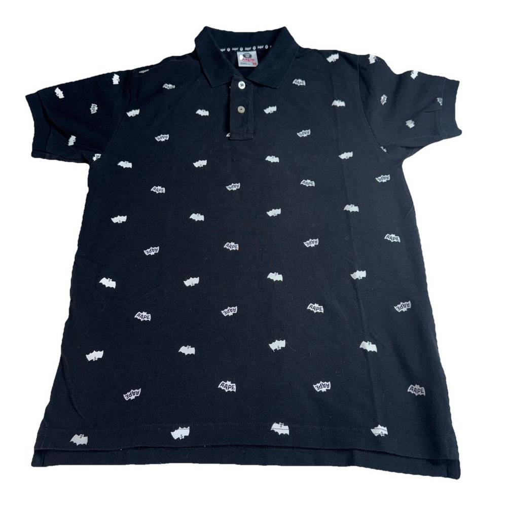 A Bathing Ape Mens Shirt Size Medium Black AAPE Spellout Polo All Over Print Y2K